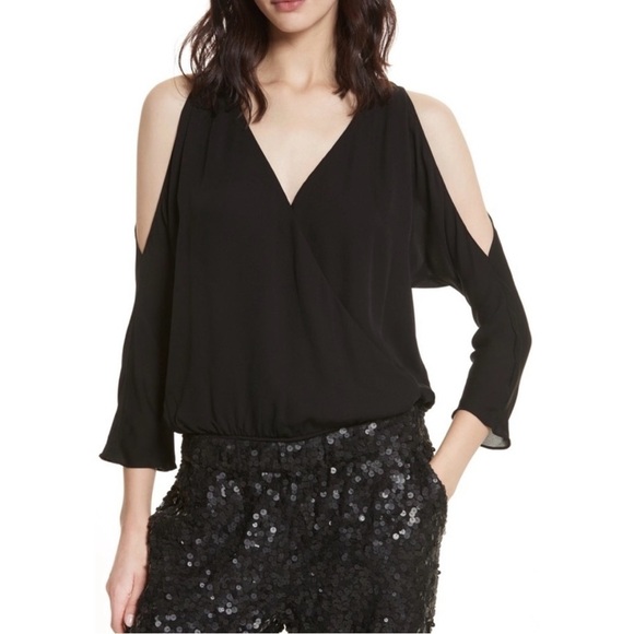 NWT Joie Ahsaki V-Neck Cold-Shoulder Draped Bodysuit Black Caviar Large - Picture 2 of 10